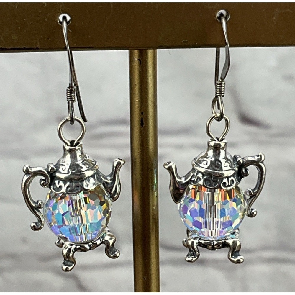 Tiny Teapot Sterling Silver Earrings Dangle Drop Swarovski Clear Floral Bead 925